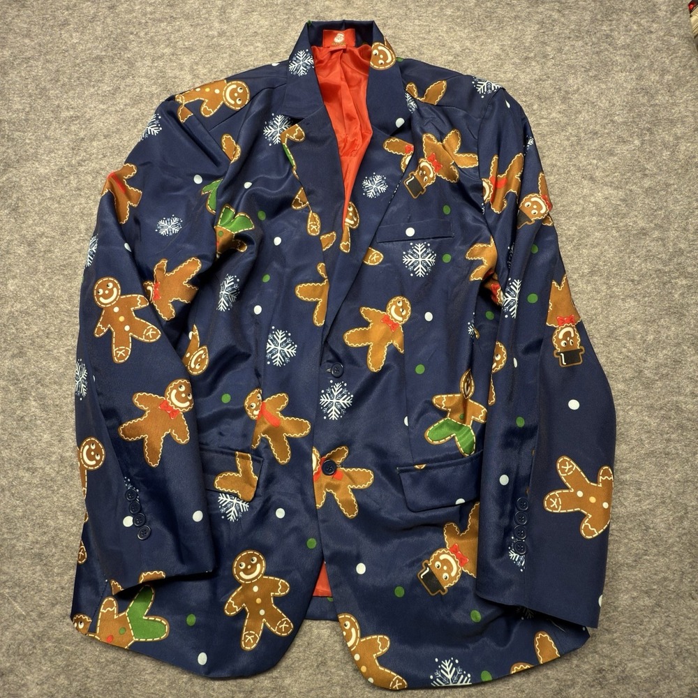 Dec. 25th Blazer Men L Gingerbread Holiday Novelty Polyester Blue Print